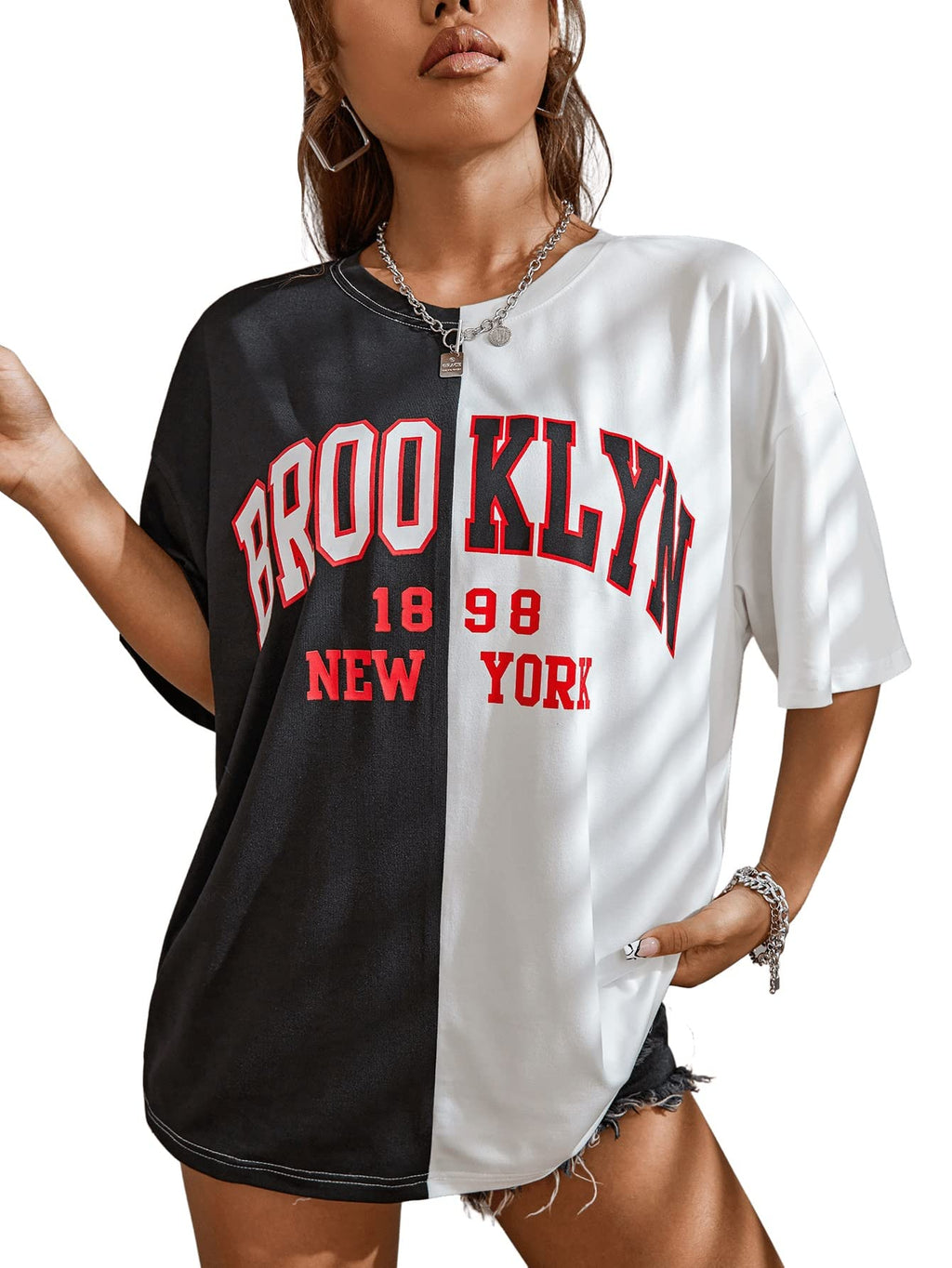SOLY HUX Oversized Letter Graphic Tee — Casual Summer Top, Black & White