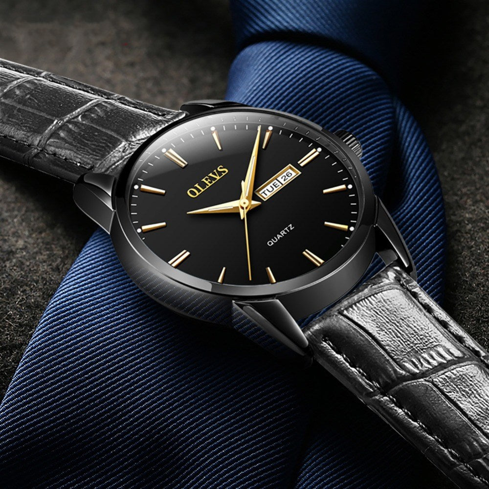 Men's Dual Calendar Quartz Watch — Leather Strap, 39mm