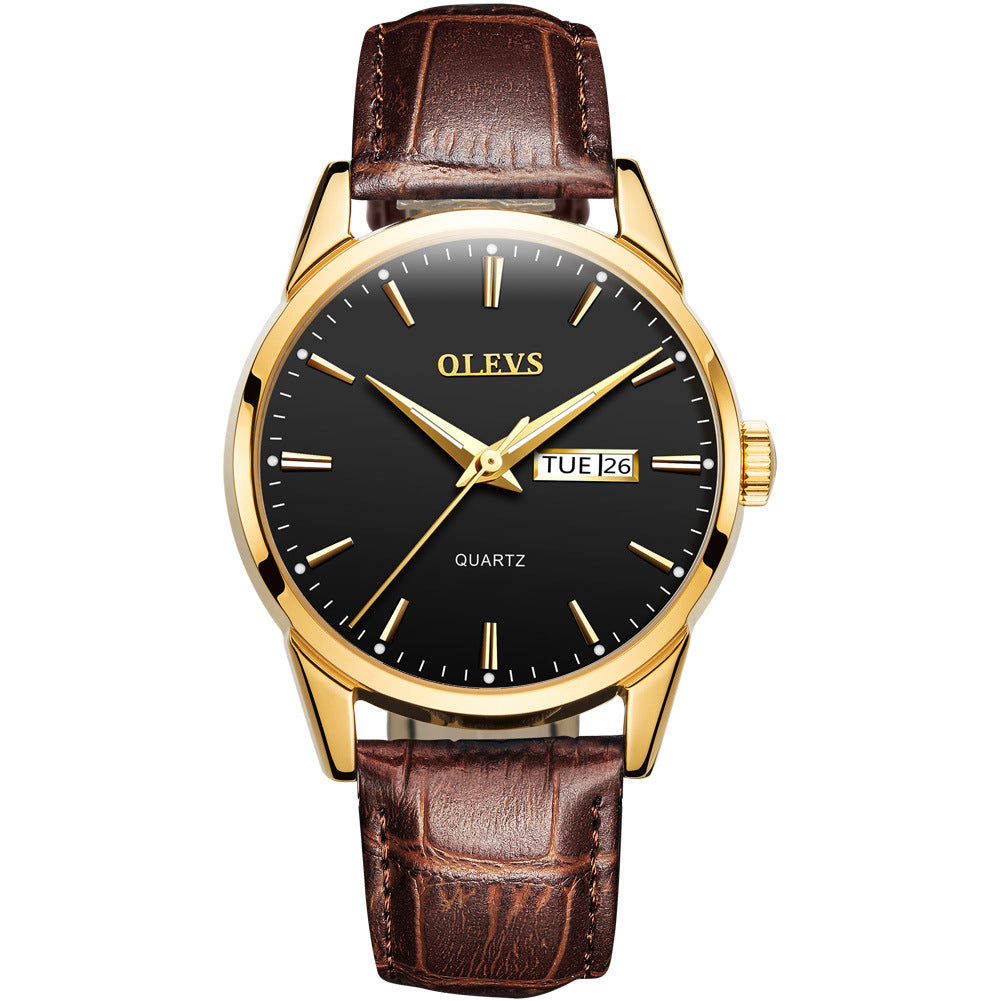 Men's Dual Calendar Quartz Watch — Leather Strap, 39mm