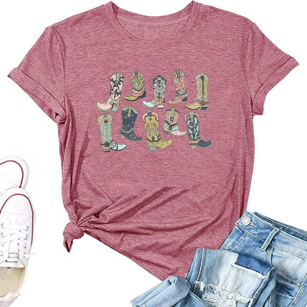 Cowgirl Boots Western Graphic Tee — Vintage Retro Print, Pink