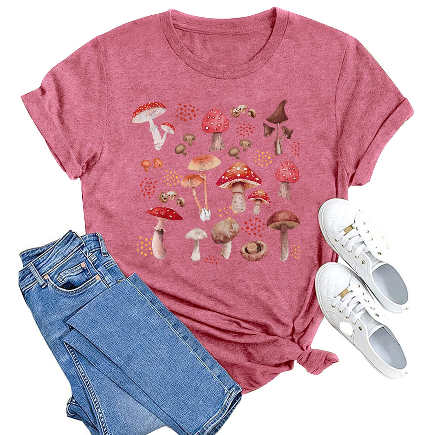 MAIHUN Mushrooms Shirts for Women Mycology Tshirt Fungi Lover Tee Mushroom Graphic Short Sleeve Pink