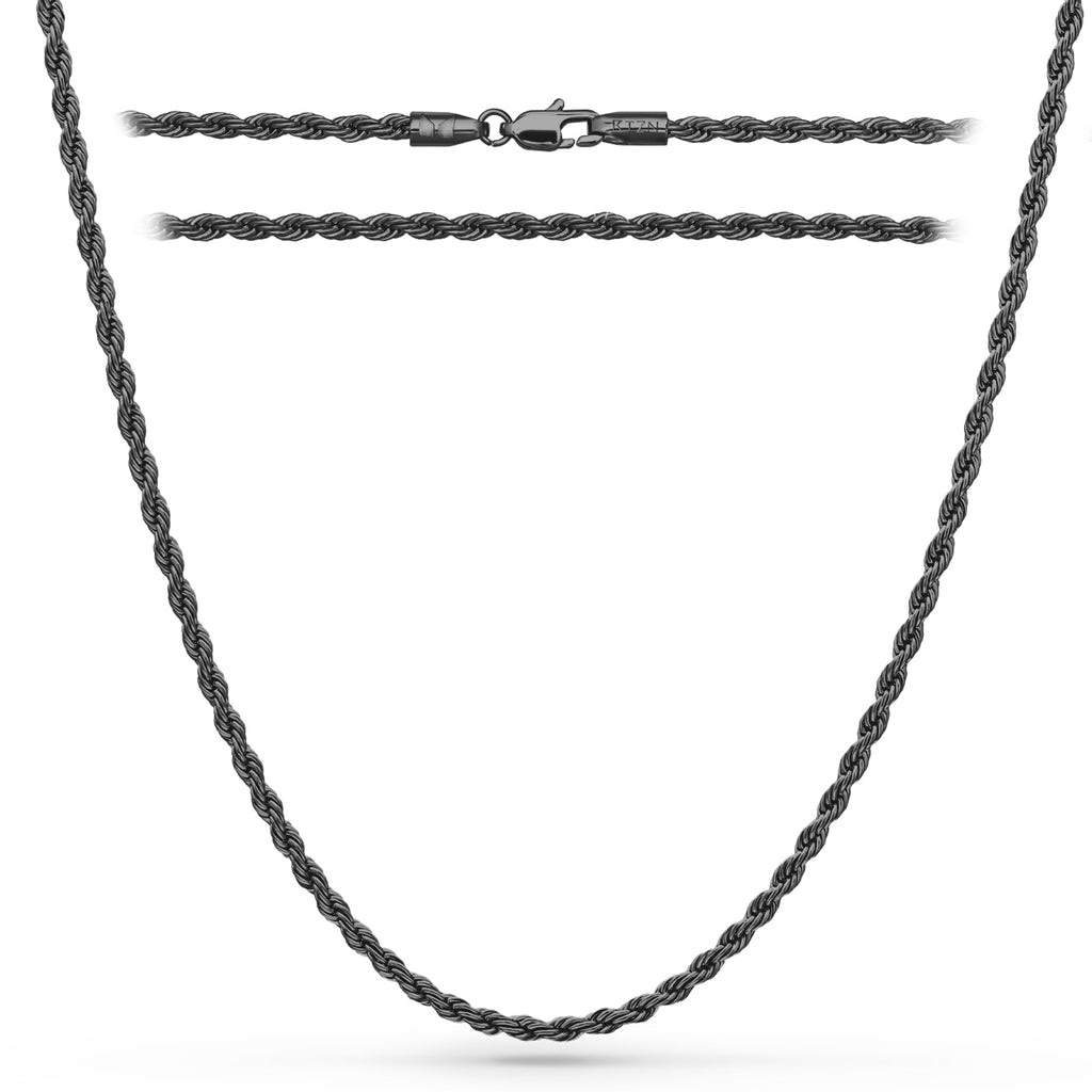 RTZN® Black Rope Chain Necklace — 3mm Stainless Steel, 24"