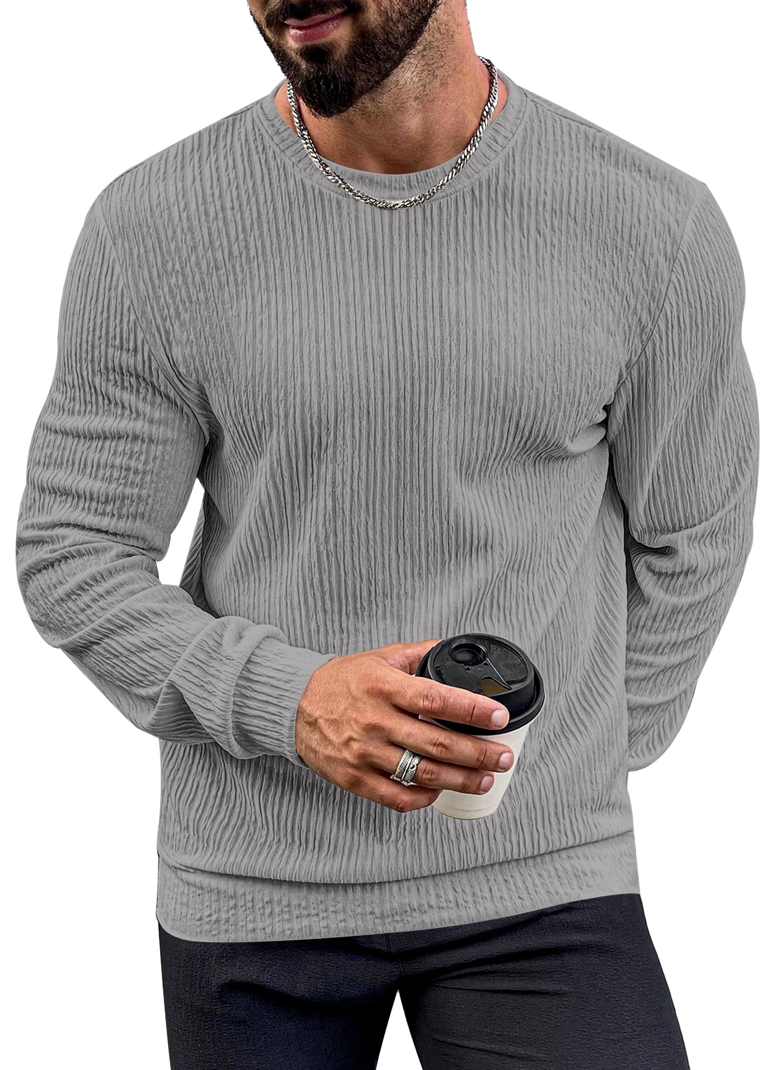 Mens Casual Long Sleeve Shirt Spring Regular Fit T-Shirt Soft Plain Stretchy Top Classic Tshirt Grey XXL