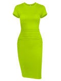 Ruched Bodycon T-Shirt Midi Dress — Cotton Blend, Short Sleeve