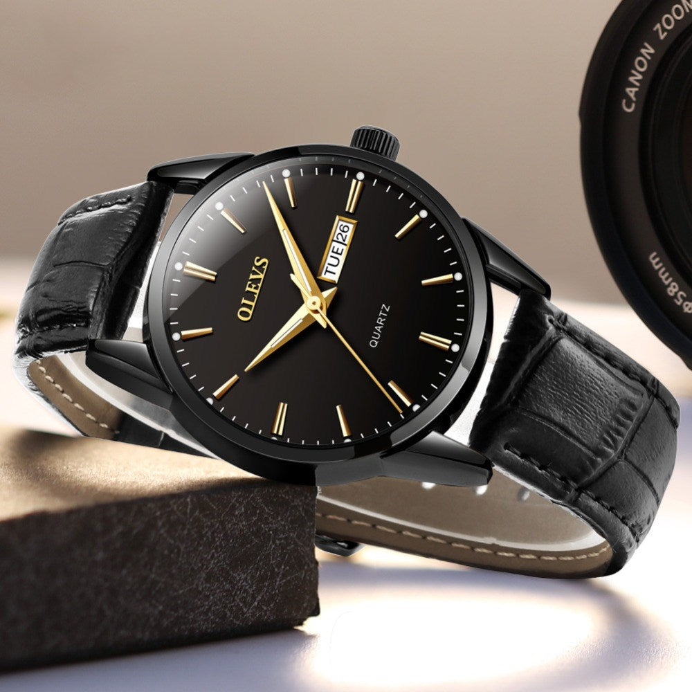 Men's Dual Calendar Quartz Watch — Leather Strap, 39mm