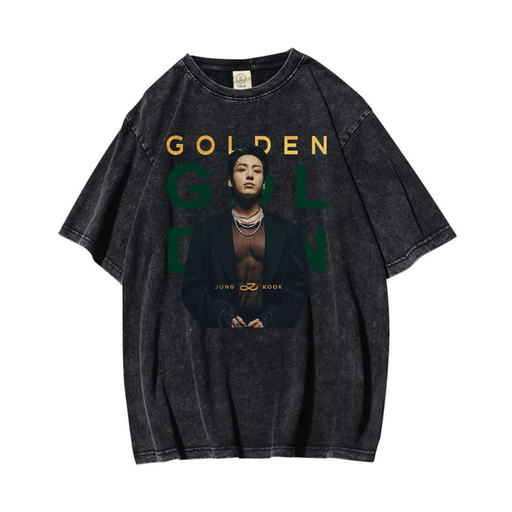BANB Jungkook Golden Photo Print Tee — K-Pop Merch, Distressed Cotton, Black