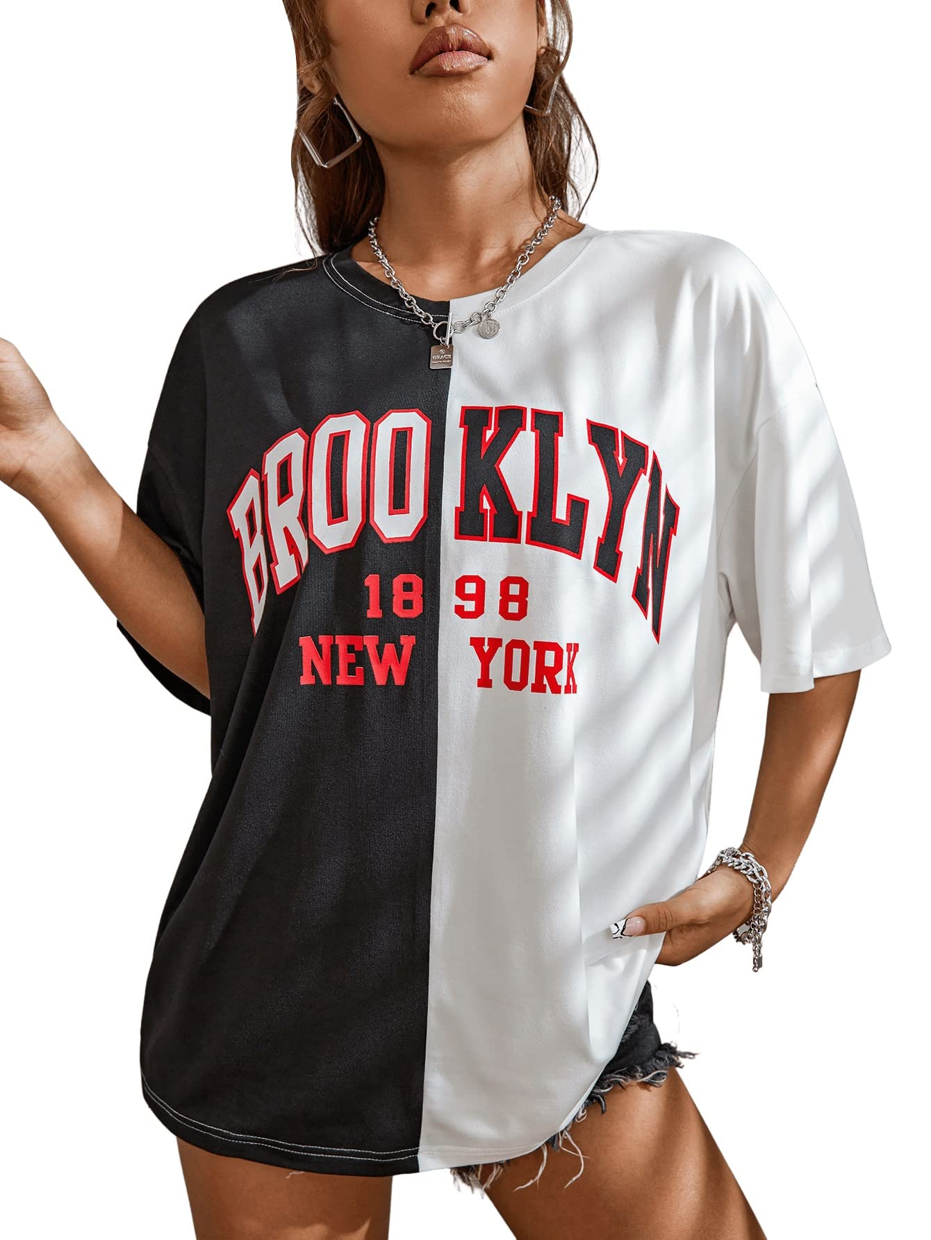 SOLY HUX Womens Oversized Graphic Tees Letter Casual Summer Tops Short Sleeve Tshirt Black and White M