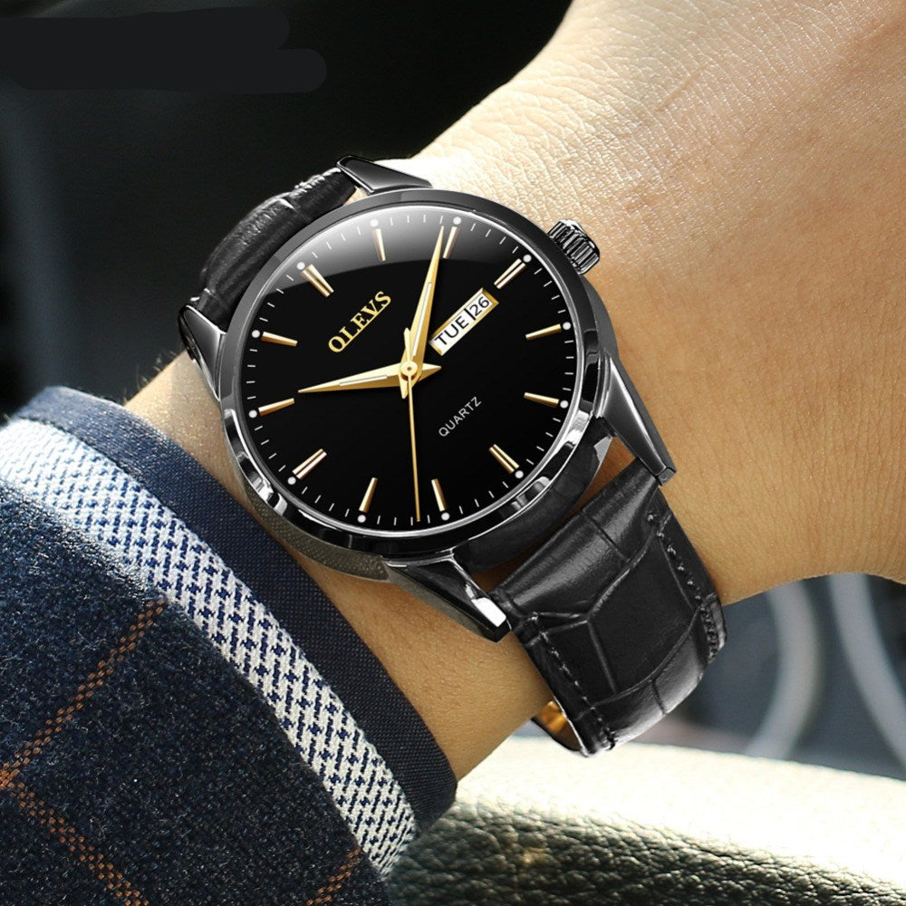 Men's Dual Calendar Quartz Watch — Leather Strap, 39mm