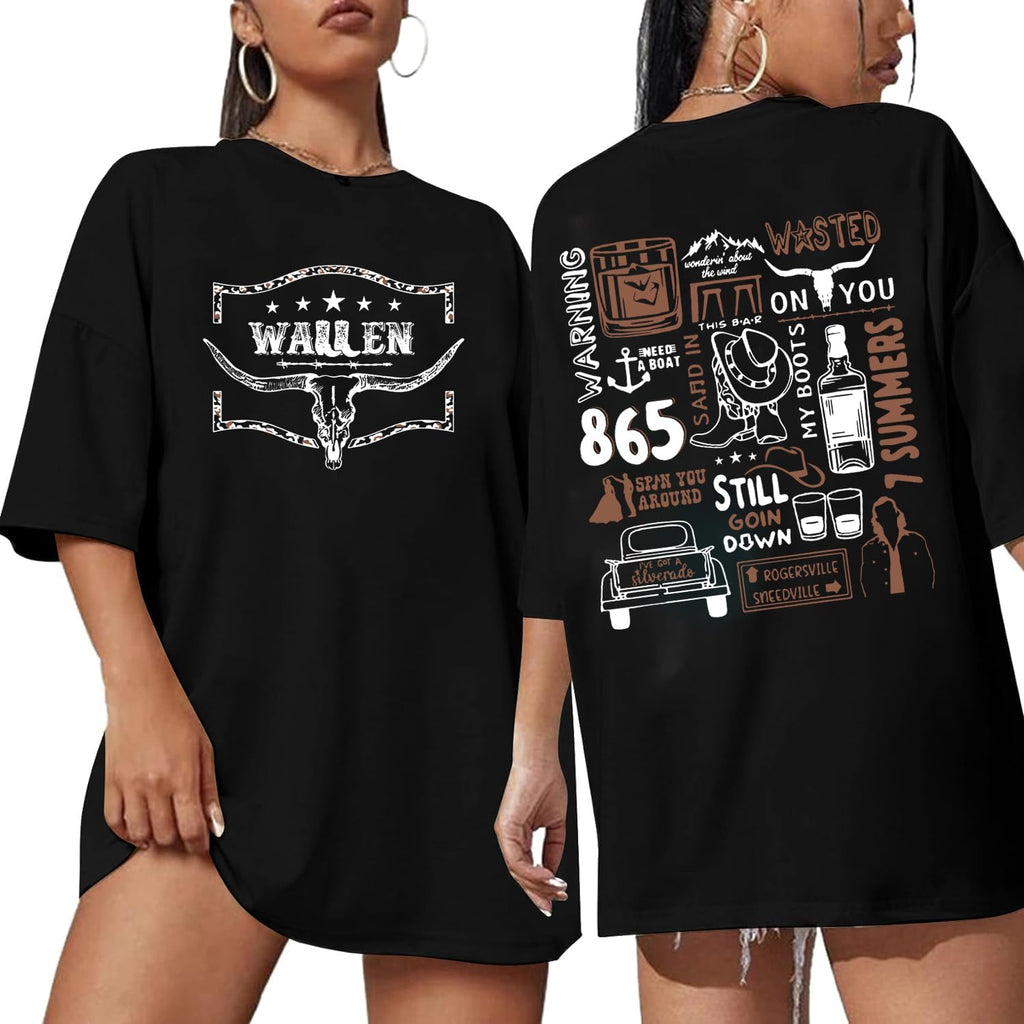 Western Cowgirl Graphic Tee — Oversized Cow Skull Print, Cotton Blend